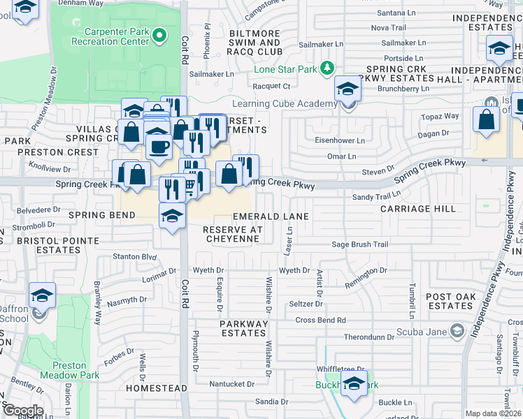 map of restaurants, bars, coffee shops, grocery stores, and more near 5309 Bixby Drive in Plano