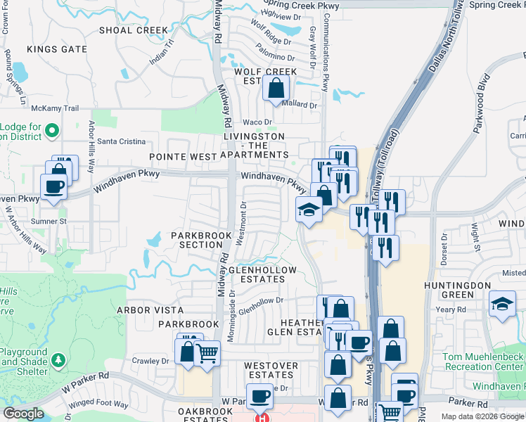 map of restaurants, bars, coffee shops, grocery stores, and more near 6325 Courtland Drive in Plano