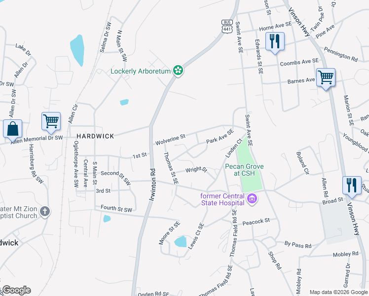 map of restaurants, bars, coffee shops, grocery stores, and more near 128 Park Avenue Southeast in Milledgeville