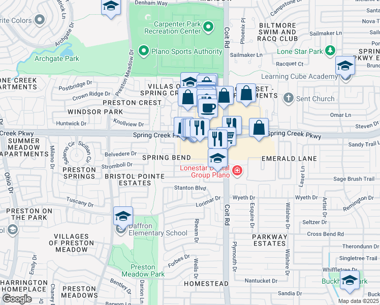 map of restaurants, bars, coffee shops, grocery stores, and more near 4160 West Spring Creek Parkway in Plano