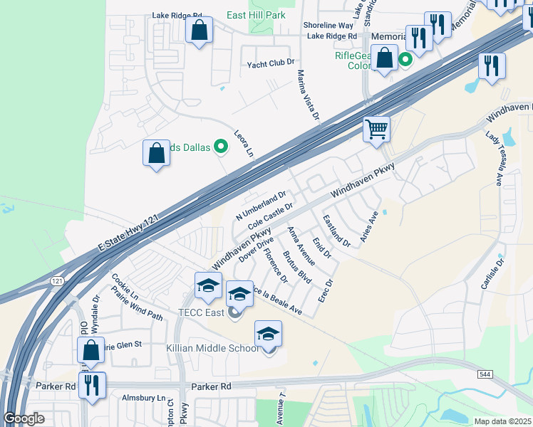 map of restaurants, bars, coffee shops, grocery stores, and more near 2800 North Umberland Drive in Lewisville