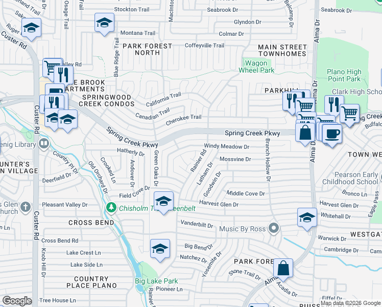 map of restaurants, bars, coffee shops, grocery stores, and more near 1508 Windy Meadow Drive in Plano