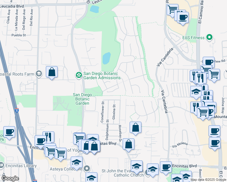map of restaurants, bars, coffee shops, grocery stores, and more near Heritage Lane in Encinitas