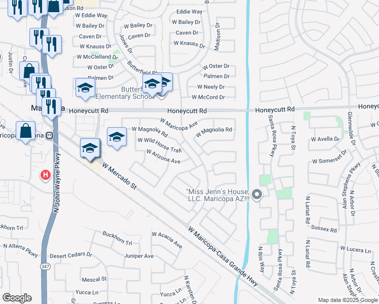 map of restaurants, bars, coffee shops, grocery stores, and more near 19323 North Gabriel Path in Maricopa