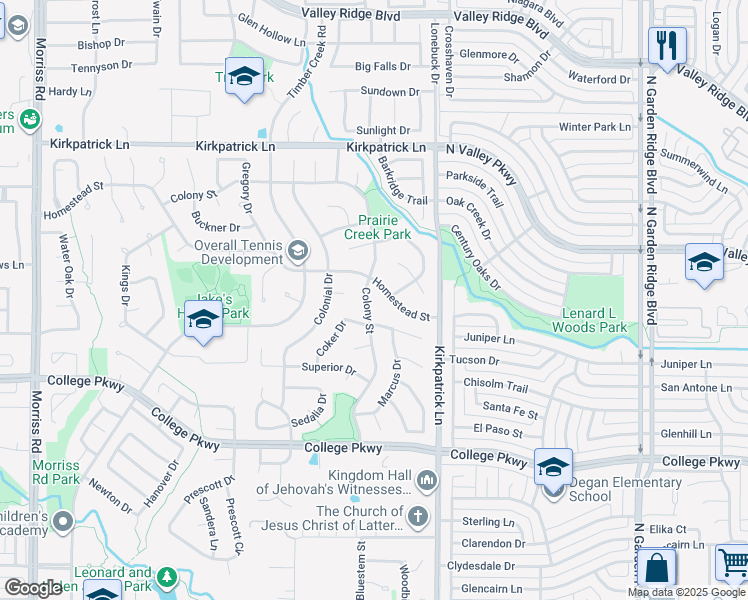 map of restaurants, bars, coffee shops, grocery stores, and more near 1068 Colony Street in Flower Mound