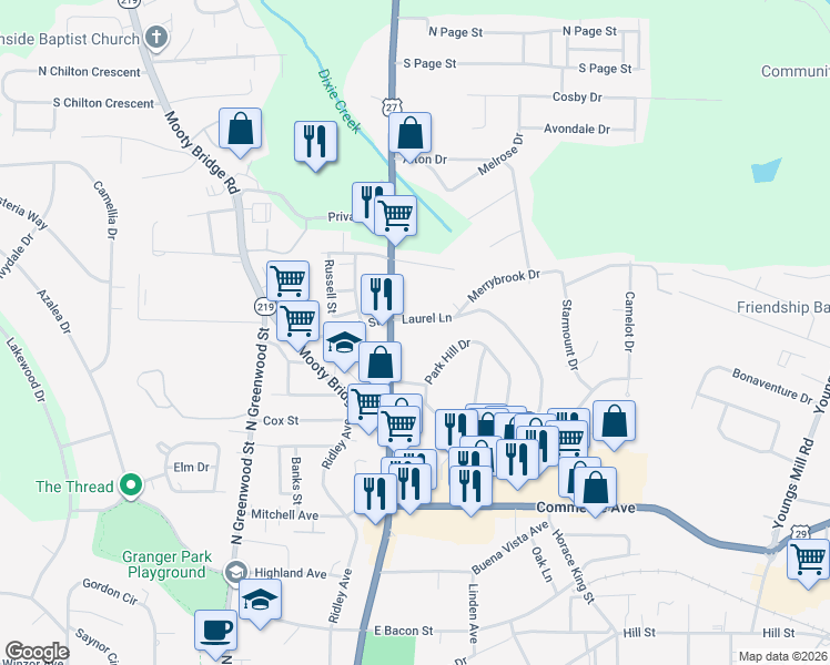 map of restaurants, bars, coffee shops, grocery stores, and more near 208 Laurel Lane in LaGrange