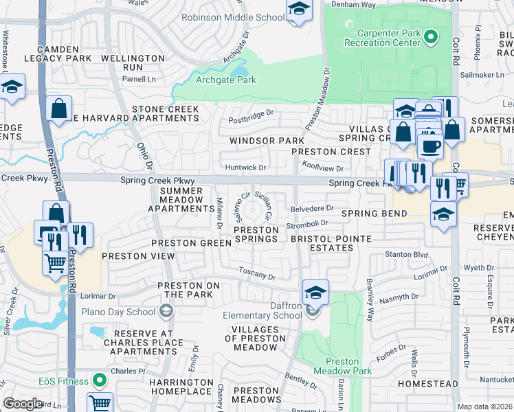 map of restaurants, bars, coffee shops, grocery stores, and more near 5908 Porto Fino Drive in Plano