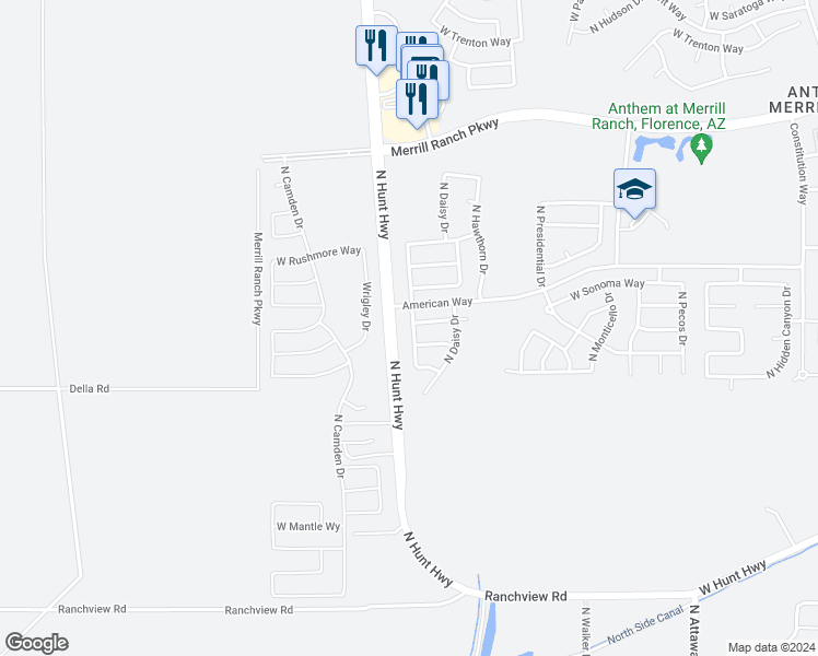 map of restaurants, bars, coffee shops, grocery stores, and more near 2380 North Palo Verde Drive in Florence