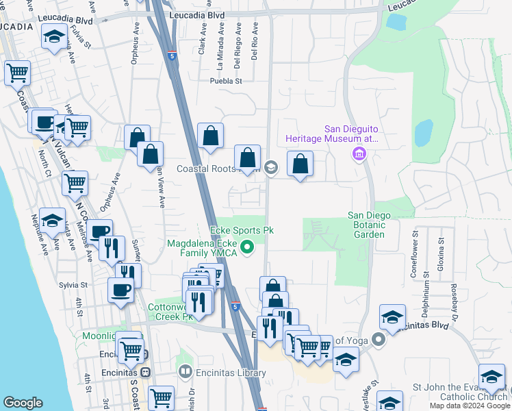 map of restaurants, bars, coffee shops, grocery stores, and more near 542 Sweet Pea Place in Encinitas