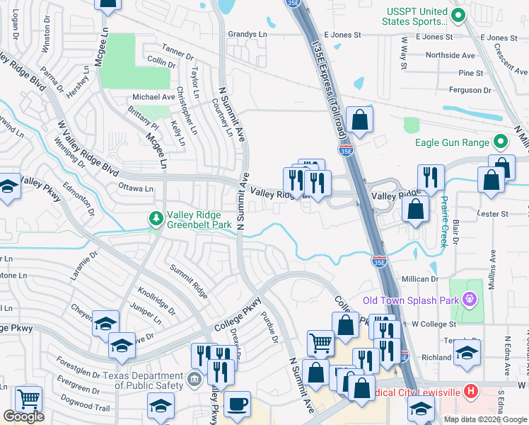 map of restaurants, bars, coffee shops, grocery stores, and more near 1000 Valley Ridge Boulevard in Lewisville