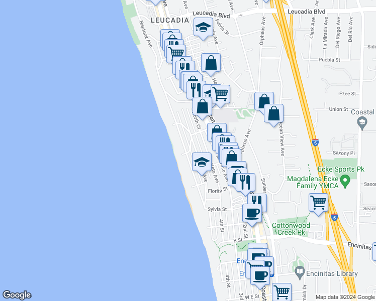 map of restaurants, bars, coffee shops, grocery stores, and more near 341 Neptune Avenue in Encinitas