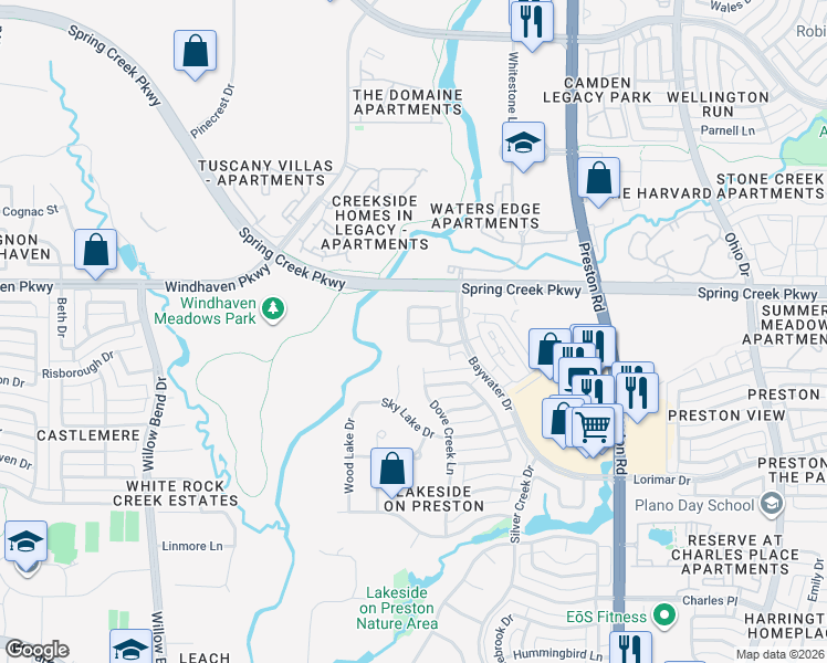 map of restaurants, bars, coffee shops, grocery stores, and more near 5128 Meadowlark Drive in Plano