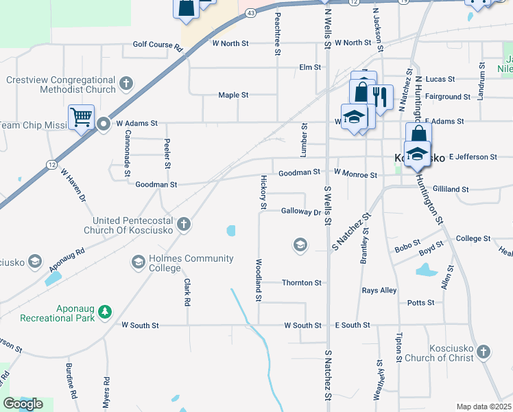 map of restaurants, bars, coffee shops, grocery stores, and more near 201-299 Hickory Street in Kosciusko