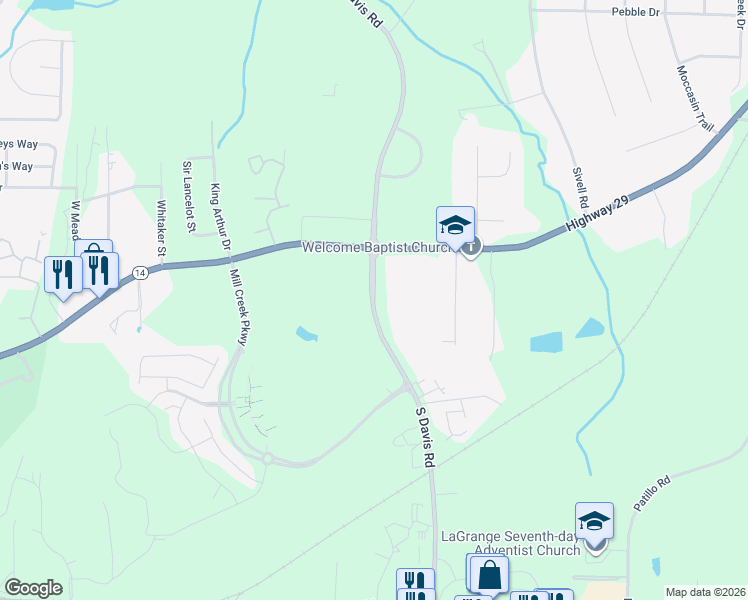 map of restaurants, bars, coffee shops, grocery stores, and more near South Davis Road in LaGrange