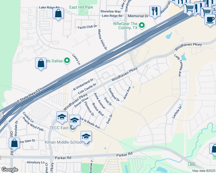 map of restaurants, bars, coffee shops, grocery stores, and more near 3001 Bans Crown Blvd in The Colony