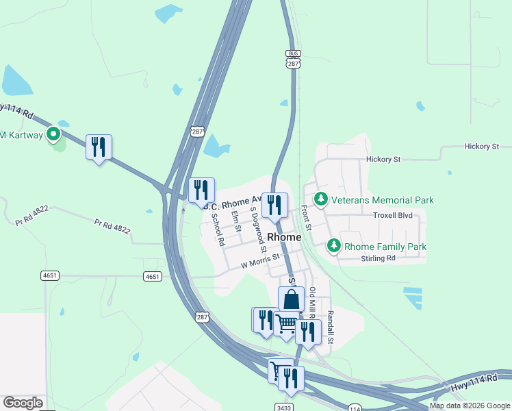map of restaurants, bars, coffee shops, grocery stores, and more near 205 B.C. Rhome Avenue in Rhome