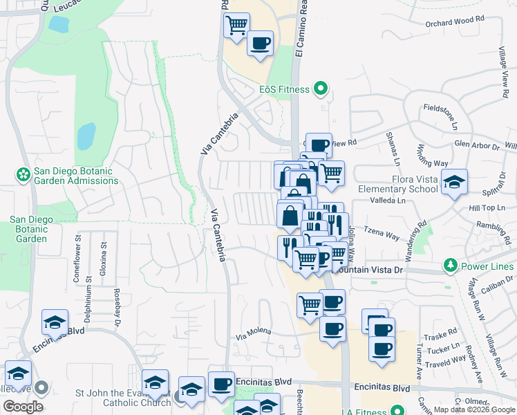 map of restaurants, bars, coffee shops, grocery stores, and more near 350 North El Camino Real in Encinitas