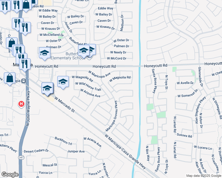 map of restaurants, bars, coffee shops, grocery stores, and more near 19358 North Lousandra Drive in Maricopa