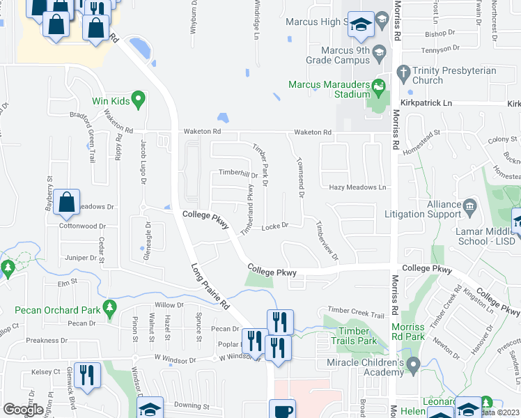 map of restaurants, bars, coffee shops, grocery stores, and more near 5109 Timber Park Drive in Flower Mound