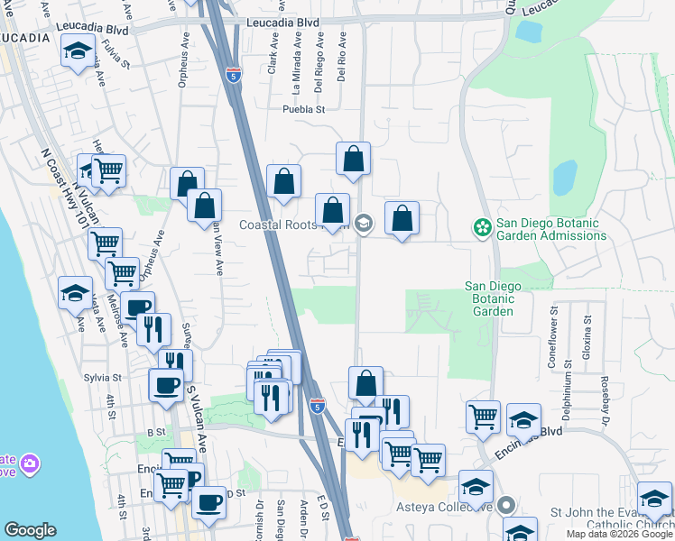 map of restaurants, bars, coffee shops, grocery stores, and more near 558 Sweet Pea Place in Encinitas