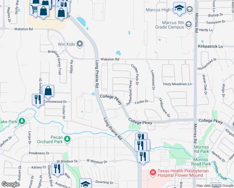 map of restaurants, bars, coffee shops, grocery stores, and more near 2701 Timberhaven Dr in Flower Mound