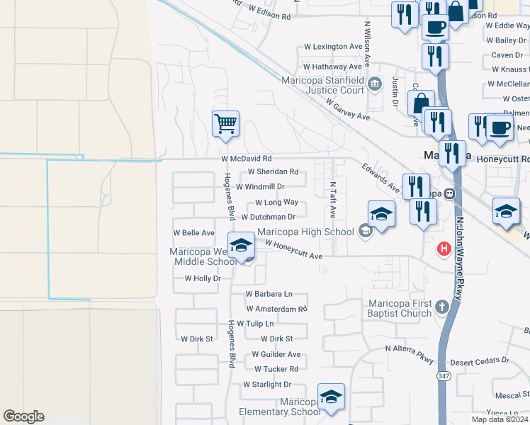 map of restaurants, bars, coffee shops, grocery stores, and more near 45686 West Dutchman Drive in Maricopa