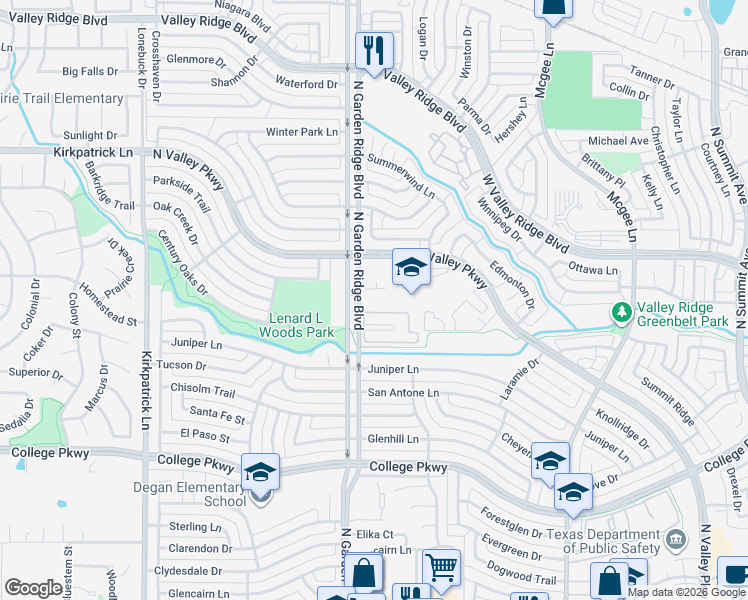 map of restaurants, bars, coffee shops, grocery stores, and more near 965 North Garden Ridge Boulevard in Lewisville