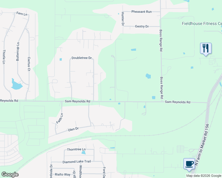 map of restaurants, bars, coffee shops, grocery stores, and more near 10575 Sam Reynolds Road in Justin