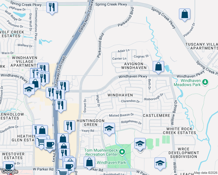 map of restaurants, bars, coffee shops, grocery stores, and more near 5801 Toppingham Street in Plano