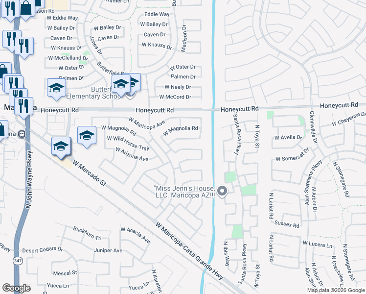 map of restaurants, bars, coffee shops, grocery stores, and more near 43338 West Arizona Avenue in Maricopa