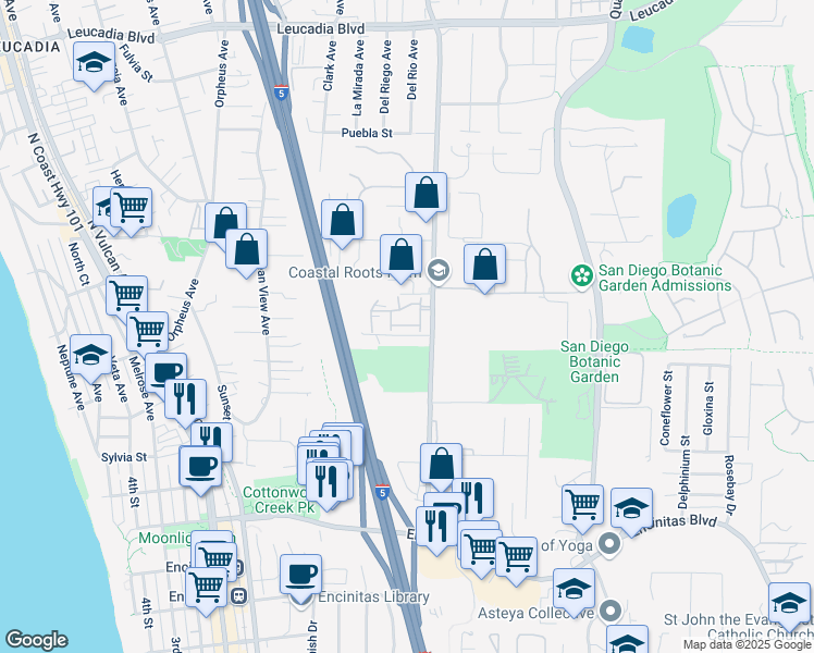 map of restaurants, bars, coffee shops, grocery stores, and more near 558 Sweet Pea Place in Encinitas