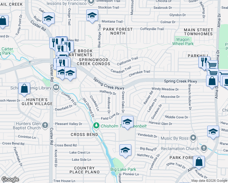 map of restaurants, bars, coffee shops, grocery stores, and more near 1705 Hatherly Drive in Plano