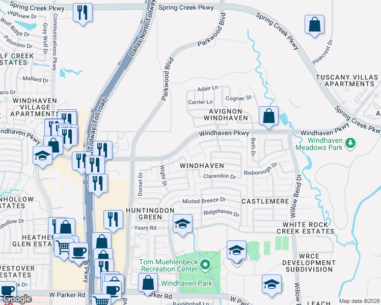 map of restaurants, bars, coffee shops, grocery stores, and more near 5801 Toppingham Street in Plano