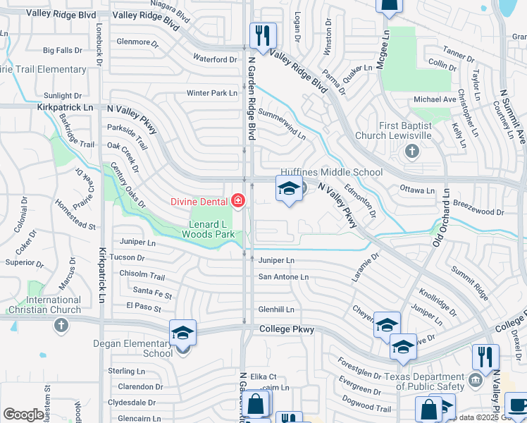 map of restaurants, bars, coffee shops, grocery stores, and more near 967 North Garden Ridge Boulevard in Lewisville