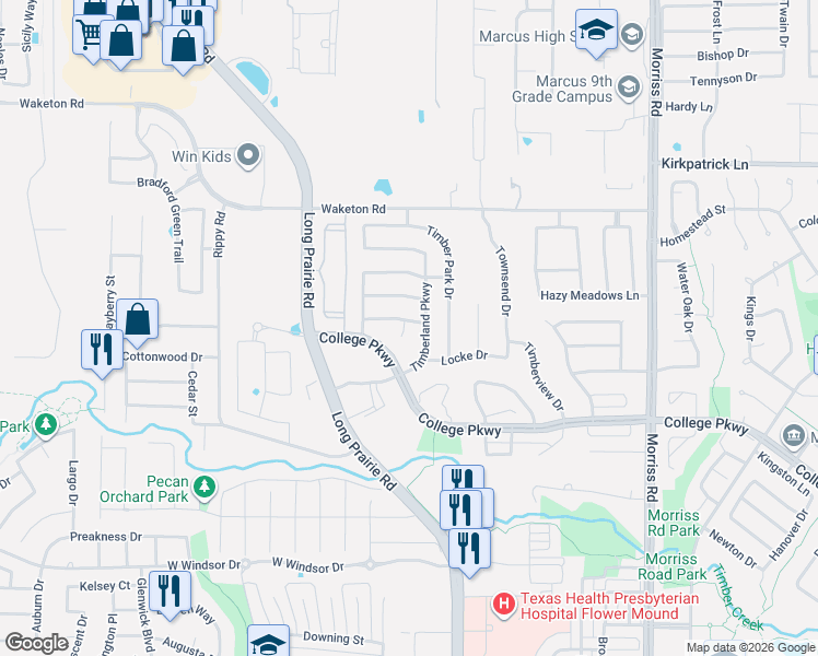 map of restaurants, bars, coffee shops, grocery stores, and more near 2600 Timberhaven Drive in Flower Mound