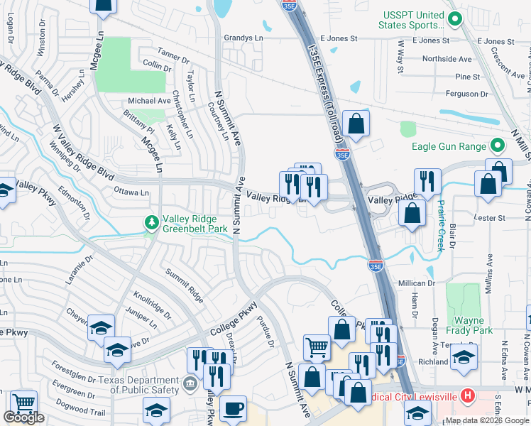 map of restaurants, bars, coffee shops, grocery stores, and more near 1000 West Valley Ridge Boulevard in Lewisville