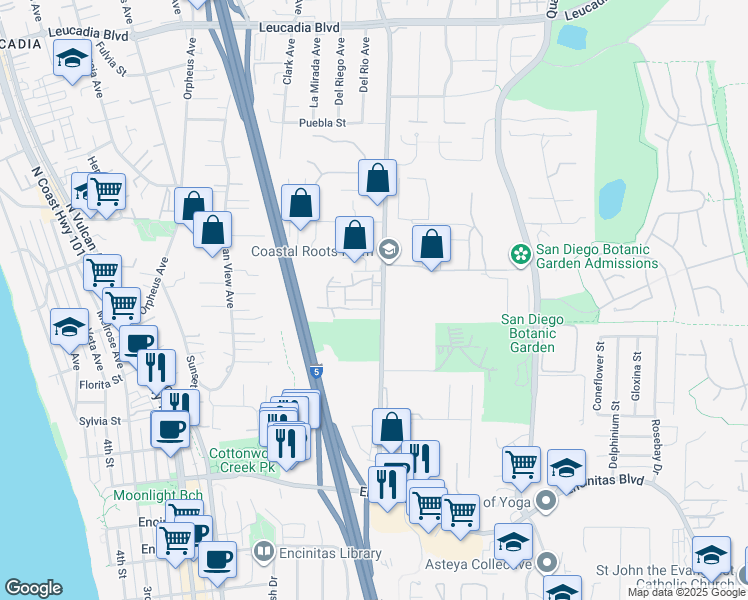 map of restaurants, bars, coffee shops, grocery stores, and more near 665 Sweet Pea Place in Encinitas