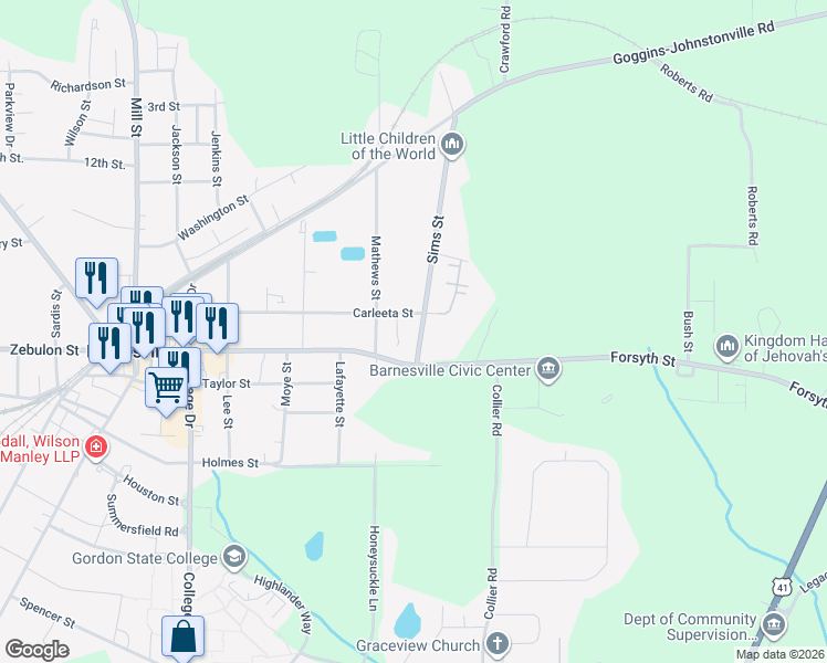map of restaurants, bars, coffee shops, grocery stores, and more near 97 Sims Street in Barnesville