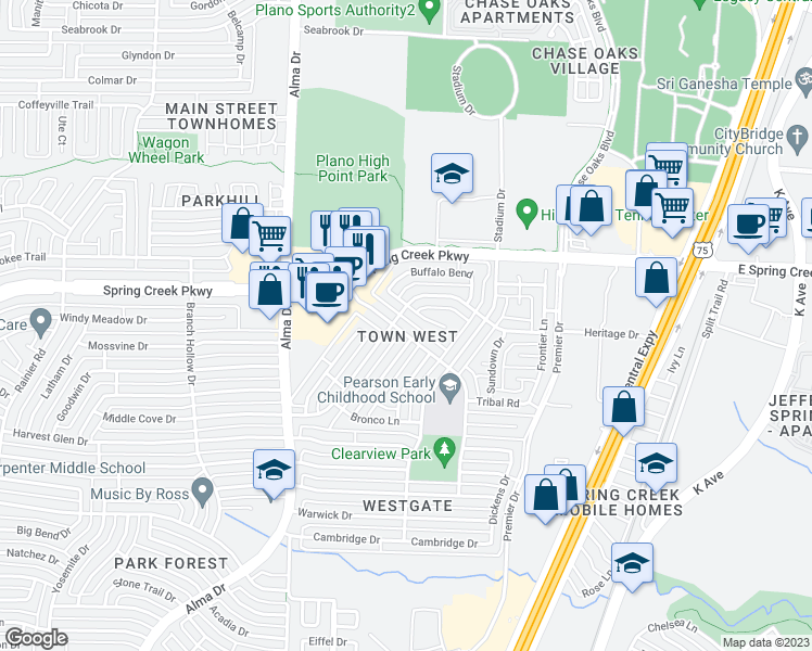 map of restaurants, bars, coffee shops, grocery stores, and more near 637 Lookout Trail in Plano