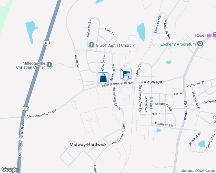 map of restaurants, bars, coffee shops, grocery stores, and more near 335 Allen Memorial Drive Southwest in Milledgeville