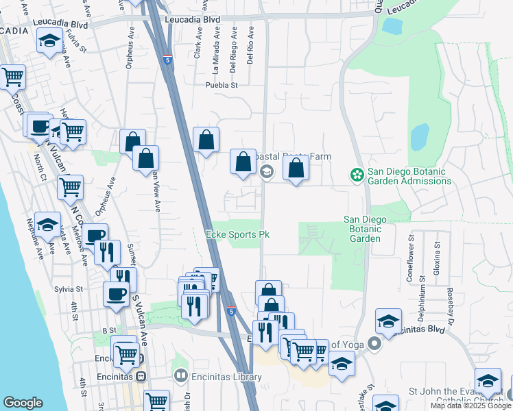 map of restaurants, bars, coffee shops, grocery stores, and more near 665 Sweet Pea Place in Encinitas