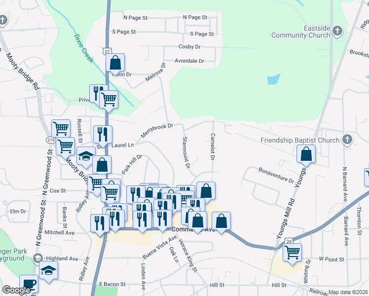 map of restaurants, bars, coffee shops, grocery stores, and more near Starmount Drive in LaGrange