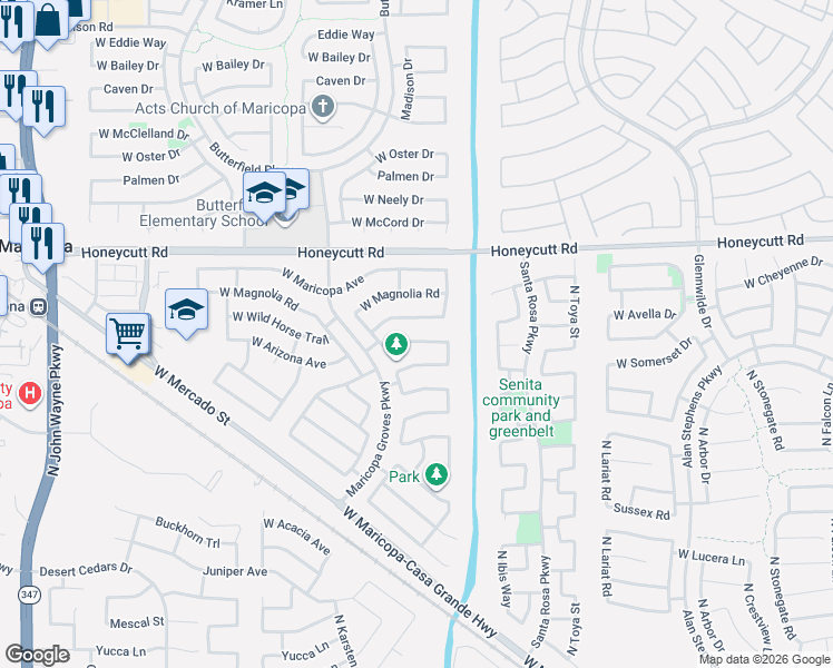 map of restaurants, bars, coffee shops, grocery stores, and more near 43347 West Wild Horse Trail in Maricopa