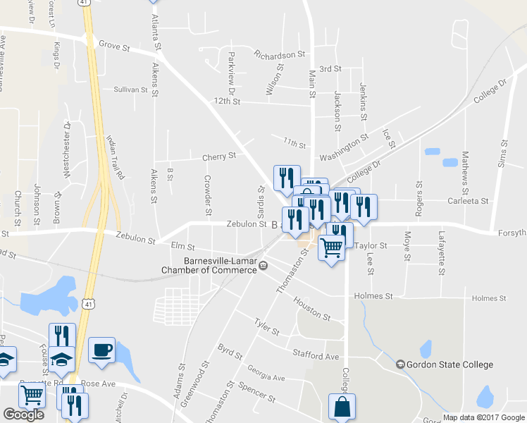 map of restaurants, bars, coffee shops, grocery stores, and more near 117 Sardis Street in Barnesville