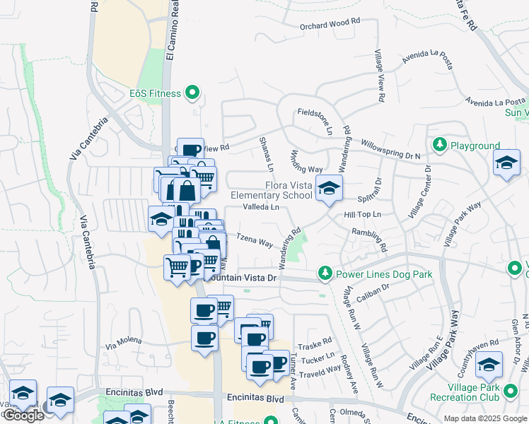 map of restaurants, bars, coffee shops, grocery stores, and more near 1519 Valleda Lane in Encinitas