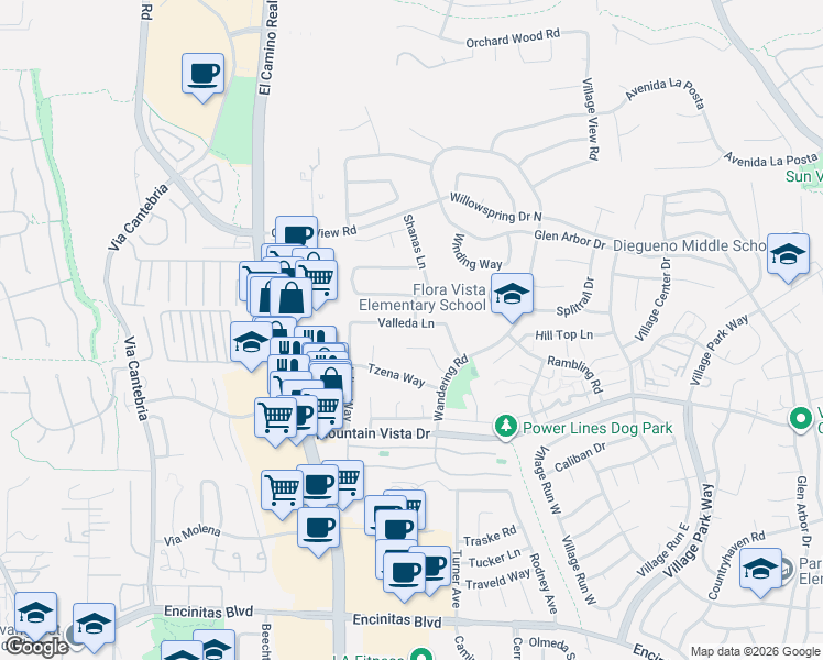 map of restaurants, bars, coffee shops, grocery stores, and more near 1519 Valleda Lane in Encinitas