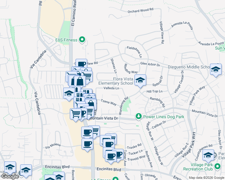 map of restaurants, bars, coffee shops, grocery stores, and more near 1519 Valleda Lane in Encinitas