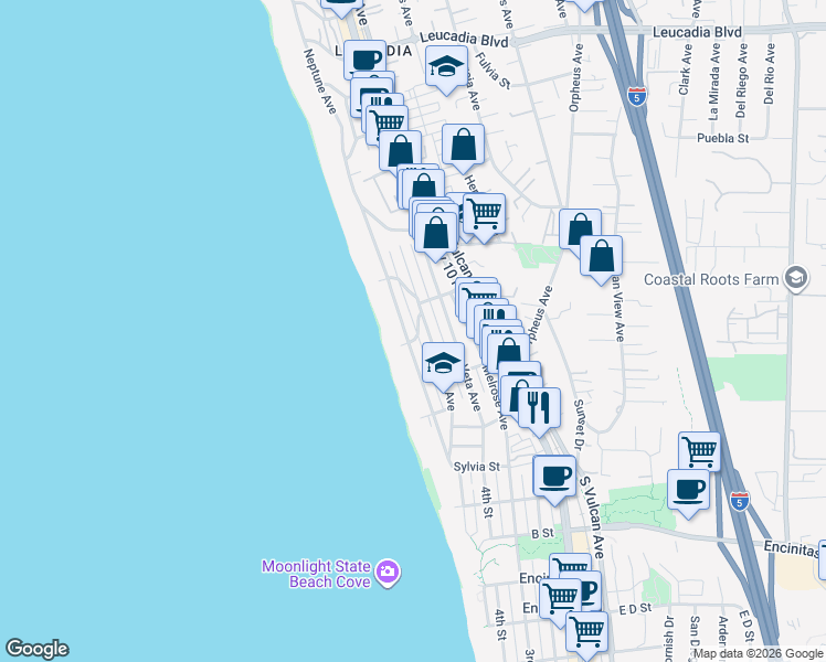 map of restaurants, bars, coffee shops, grocery stores, and more near 240 South El Portal Street in Encinitas