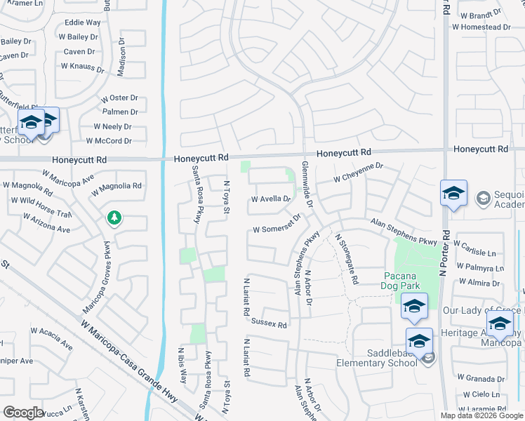 map of restaurants, bars, coffee shops, grocery stores, and more near 42526 West Corvalis Lane in Maricopa
