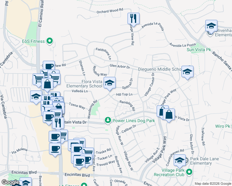 map of restaurants, bars, coffee shops, grocery stores, and more near 1736 Hill Top Lane in Encinitas